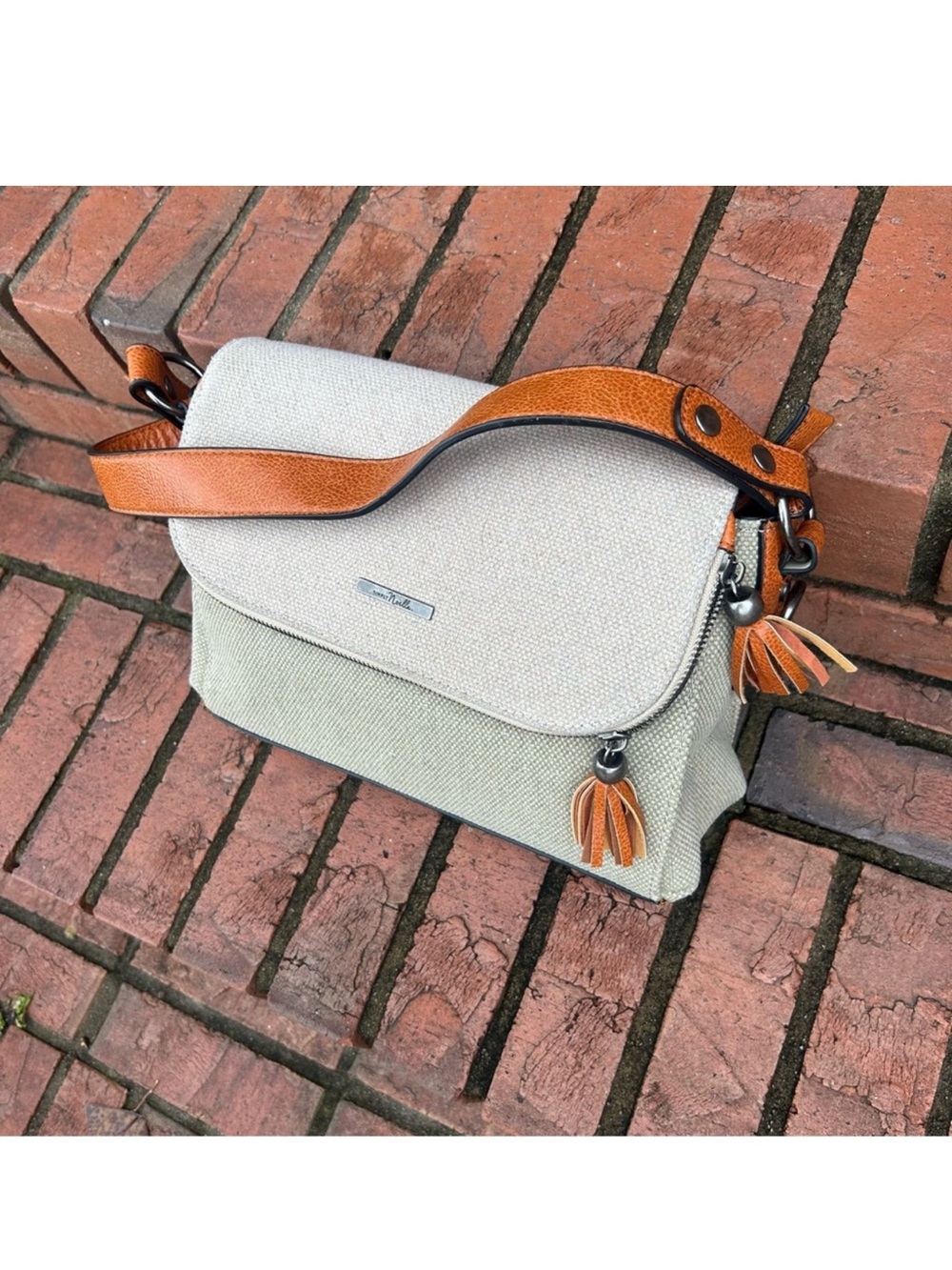 Leather-Trim Beige Canvas Crossbody Bag - Unbranded